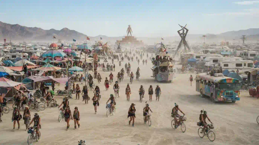 Large Burning Man art installation surrounded by dust and festival visitors