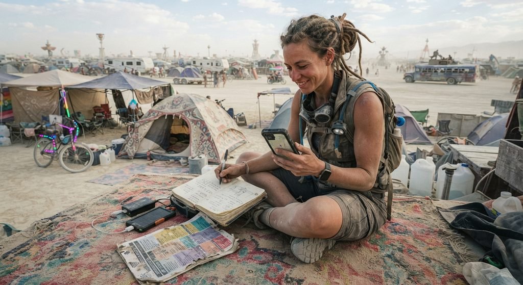 Burning Man participant using digital playa apps and offline tools on a smartphone and notebook in the desert
