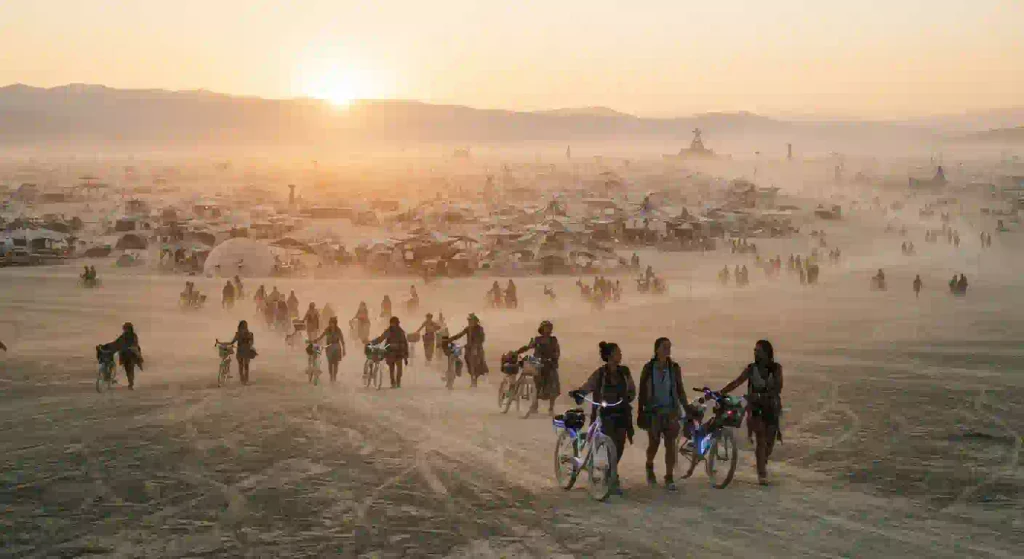 Peaceful Burning Man sunrise with participants, bikes, and soft desert light over the playa