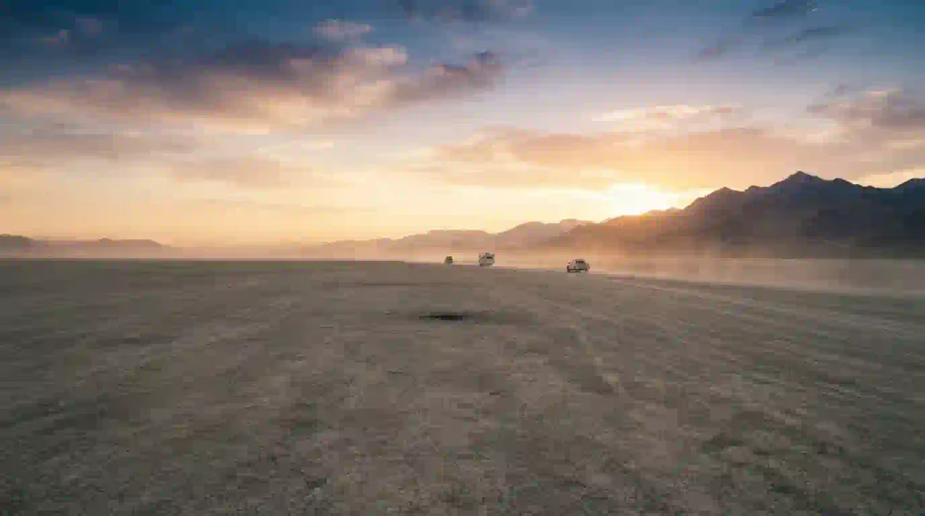 few Vehicles slowly leaving Black Rock City during Burning Man Exodus on a dusty desert road