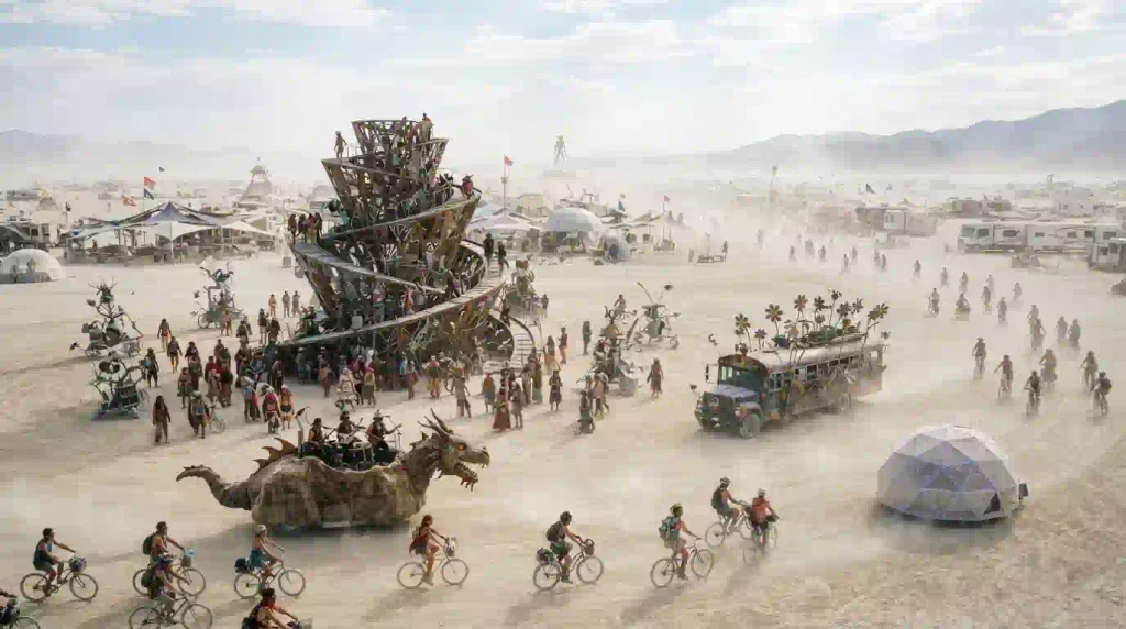 Burning Man 2026 playa art installation and mutant vehicle on the desert playa