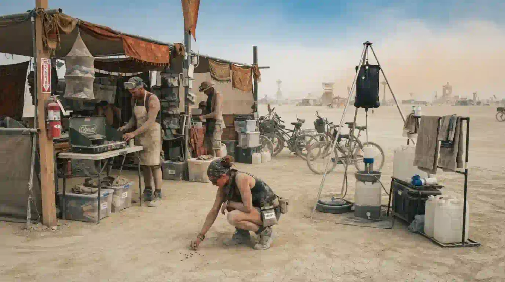 Organized Burning Man camp with cooking gear, generator, cables, and tidy shared space for safety