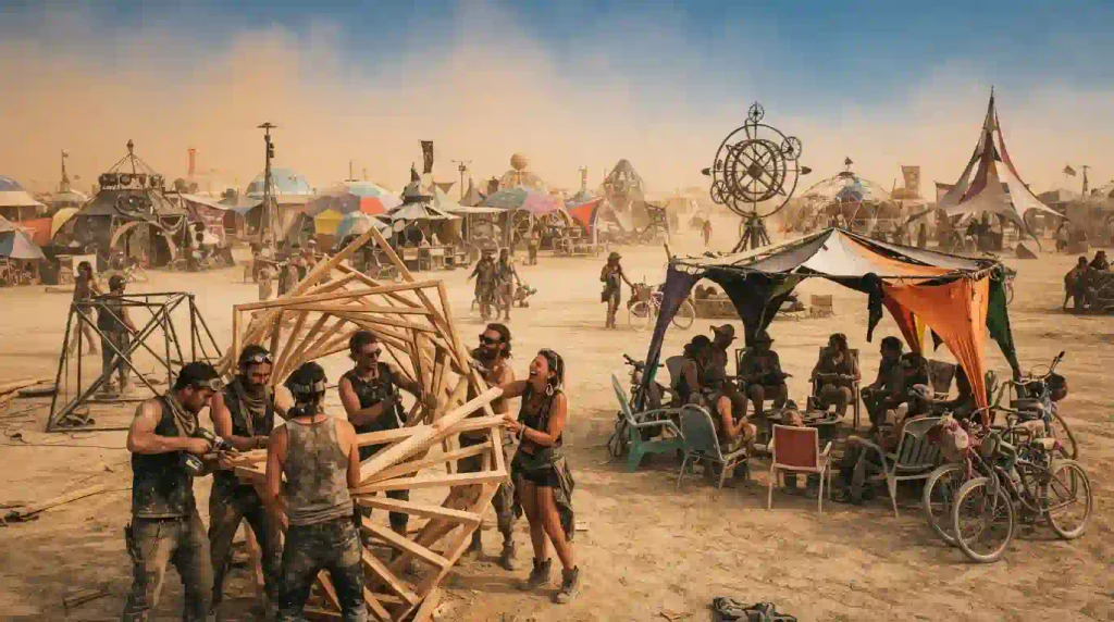 Burning Man participants creating a temporary city with art, camps, gifting, and community spirit