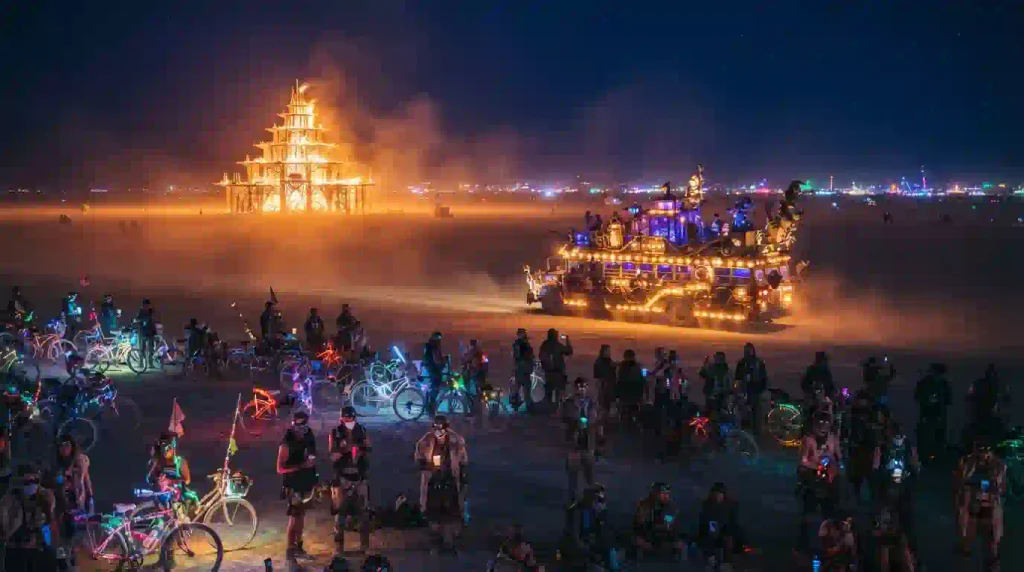 Burning Man 2026 nighttime playa with illuminated art, fire art, mutant vehicles and participants