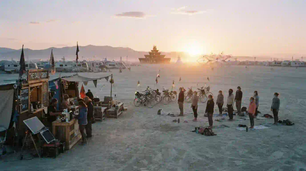 Burners enjoying sunrise coffee and yoga on the Black Rock City playa