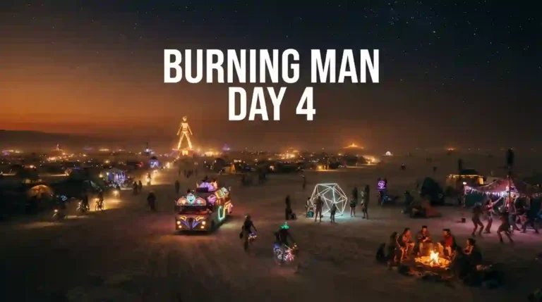 Burning Man Day 4 featured image with sunrise over Black Rock City and bold text in the center