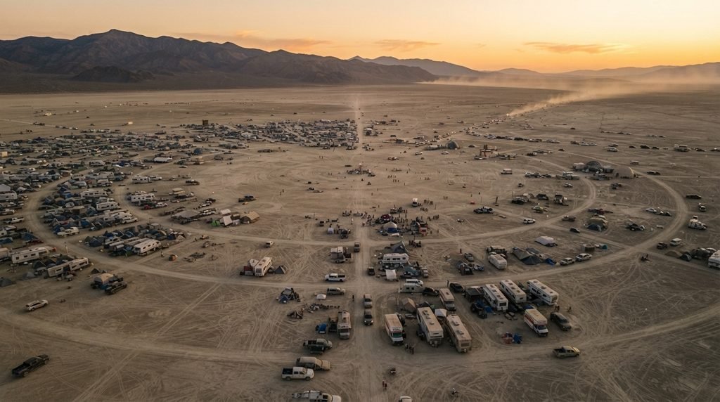 Black Rock City during the final hours of Burning Man 2026