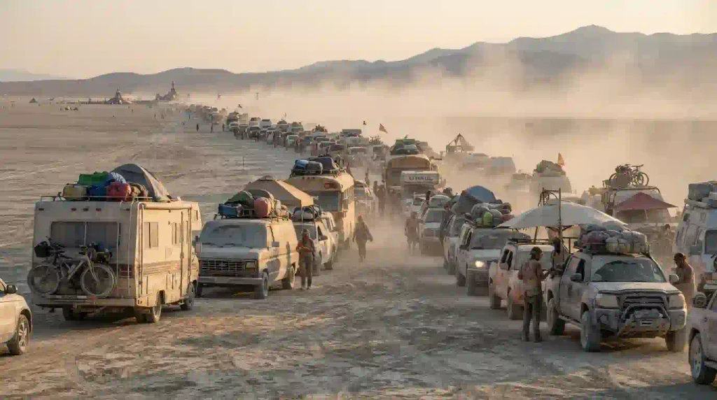 Long line of RVs, cars and trucks on Gate Road during Burning Man 2026 Exodus with dust and desert landscape