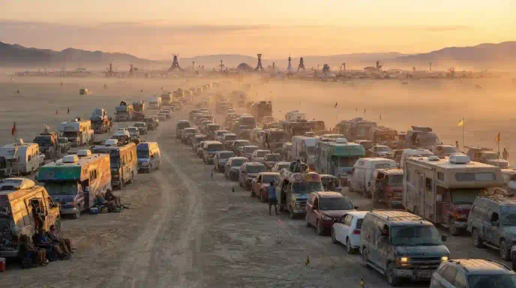  Burning Man participants in vehicles during Exodus pulsing, engines off, waiting in traffic line on playa with dust protection gear visible