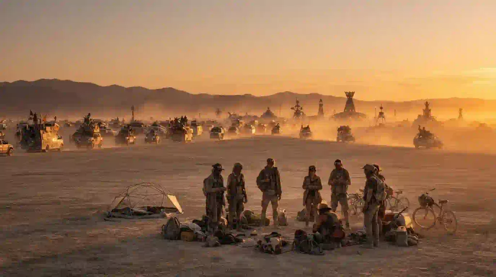 Burners taking final look at Black Rock City playa at sunset, emotional goodbye before leaving Burning Man 2026