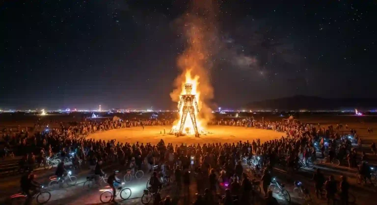 The Man burns during Burning Man 2026 on Saturday night