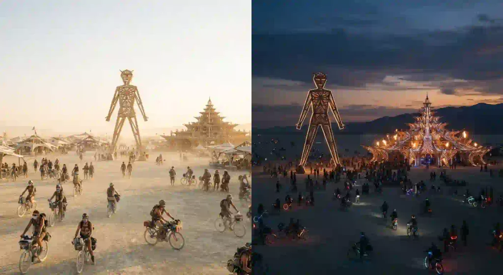 Burning Man 2026 participants visiting the Man and Temple during the changing daylight and nighttime playa