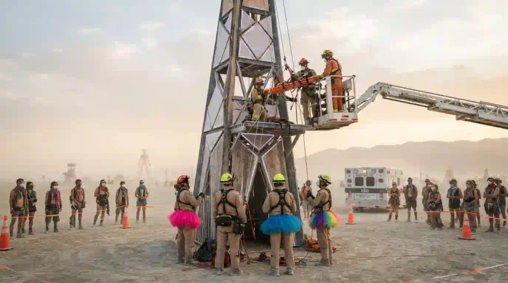 Illustrative Burning Man 2026 emergency rescue near the Nest Tower