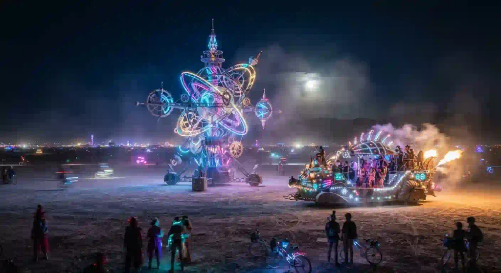 Burning Man 2026 playa art installation and mutant vehicle on the desert playa