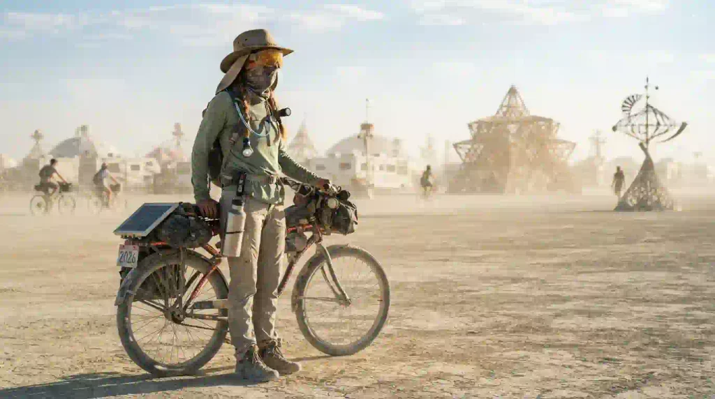 Burning Man 2026 participant prepared for desert heat and dust while exploring Black Rock City