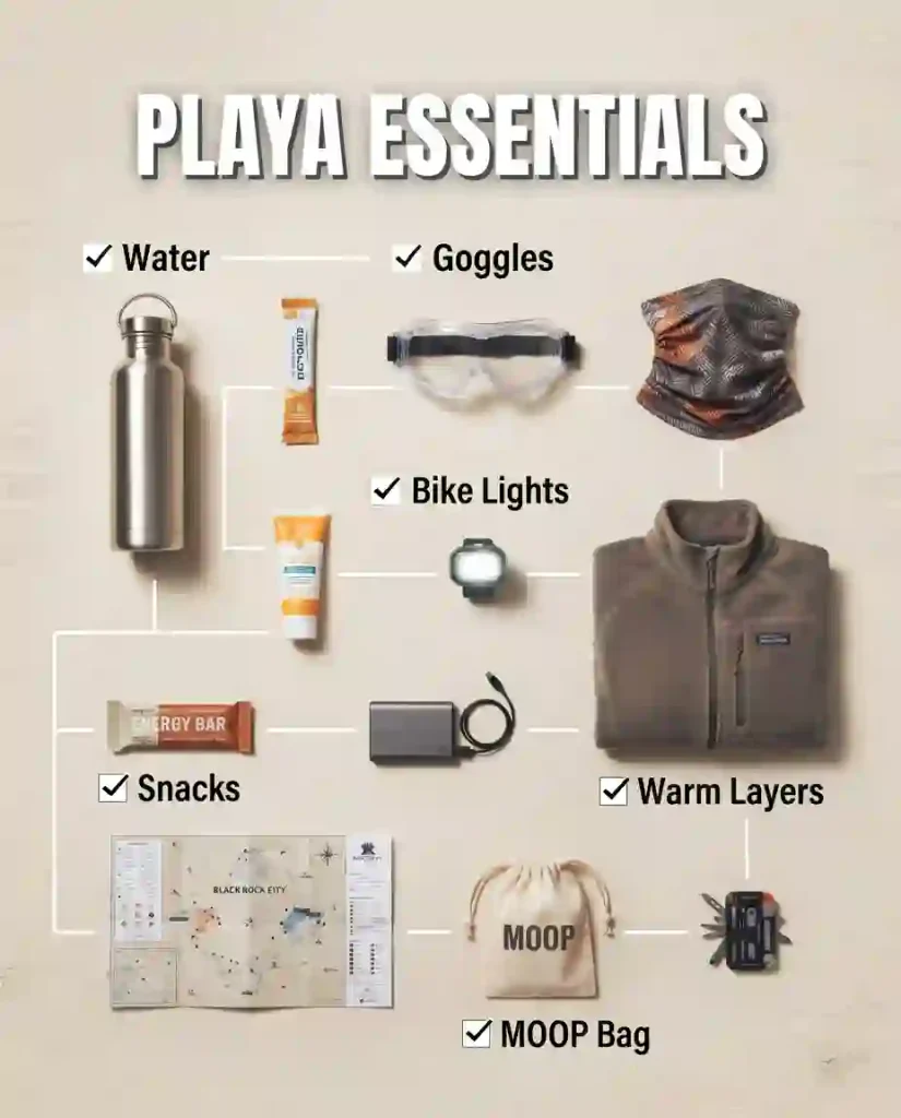 Burning Man survival essentials including water, goggles, bike lights, warm layers, and MOOP bag