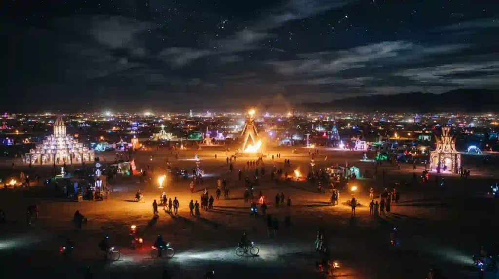 Burning Man 2026 Man Burn Is Tonight 4 Burning Man effigy ablaze at night, crowd watching from a safe distance, sparks rising into dark desert sky, high detail, realistic event photography