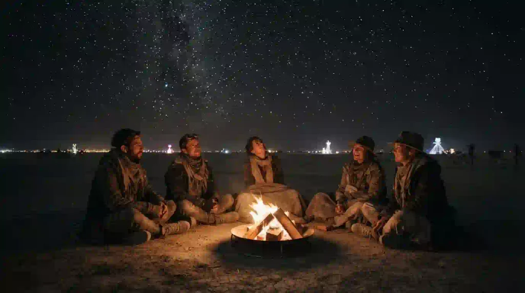 Glowing fire and burners enjoying star gazing and each other company silhouettes at Burning Man after dark on the playa