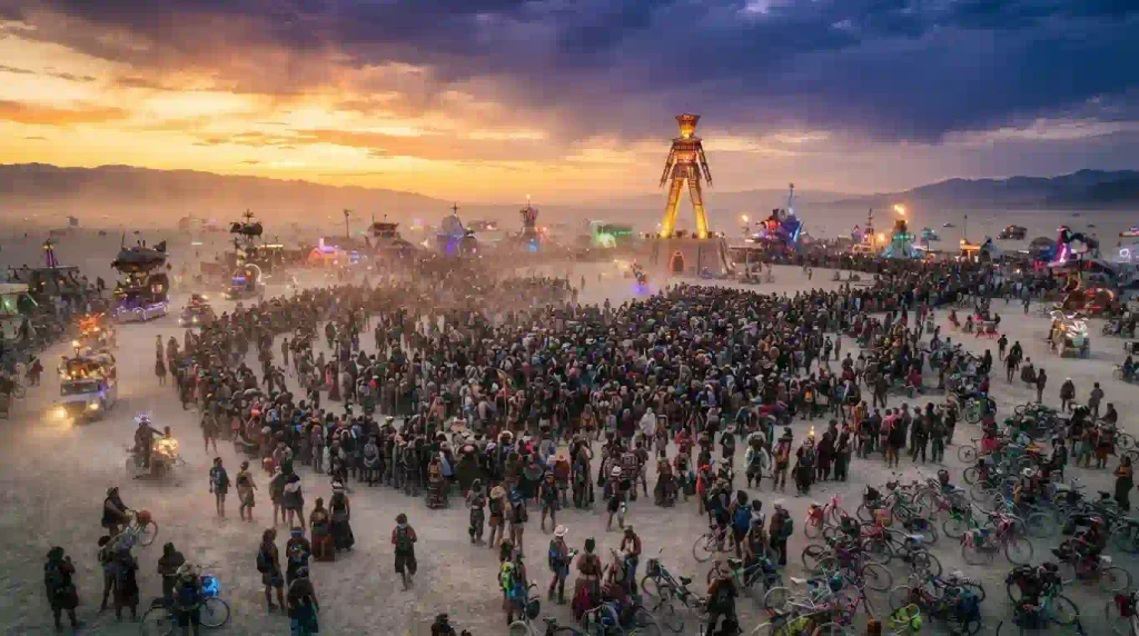 Burning Man 2026 Man Burn Is Tonight 8 Busy daytime playa scene with multiple camp interactions, bikes, art installations, food and drink stations, vibrant community atmosphere