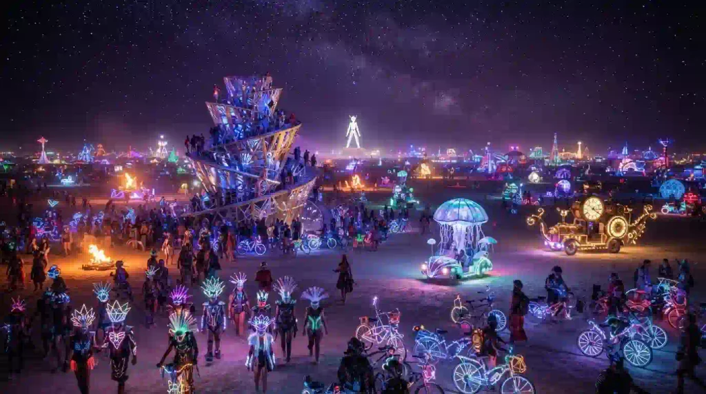 Burning Man 2026 art installations and mutant vehicles on the playa