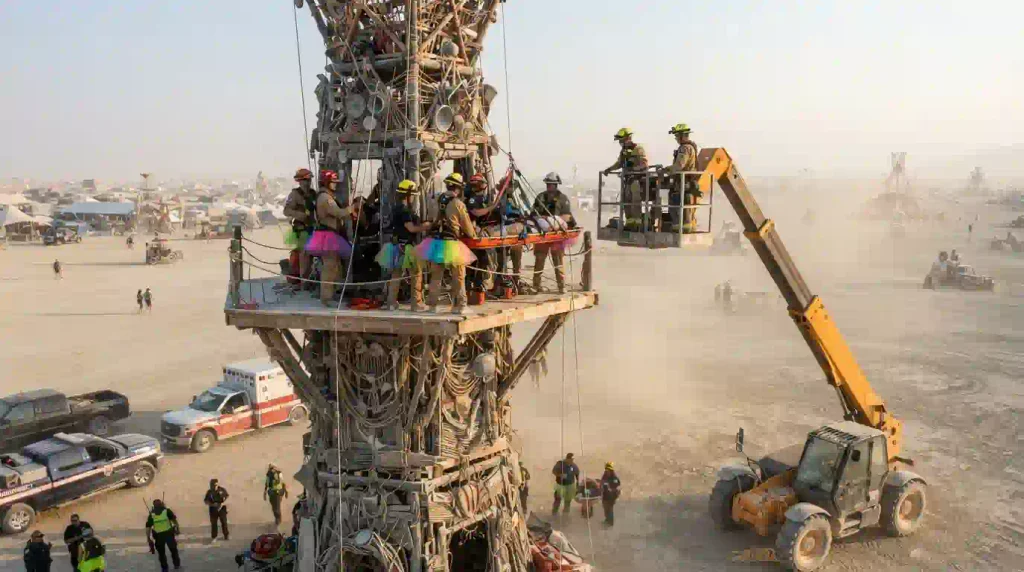 Burning Man 2026 emergency rescue near a tall art structure on the playa