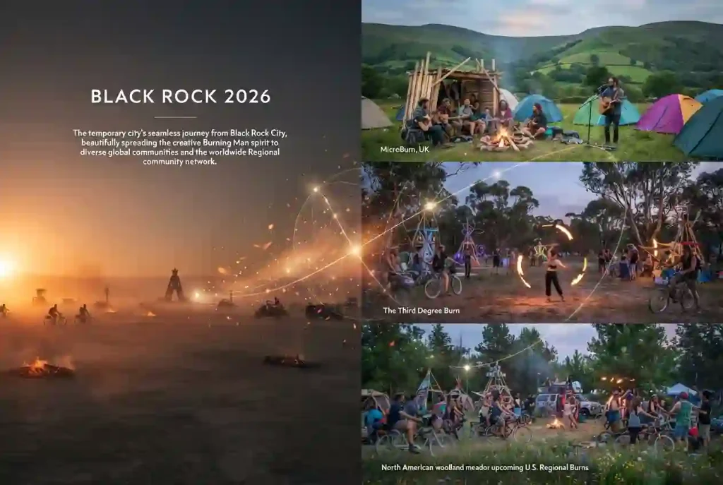 Burning Man 2026 Black Rock City playa and Regional Burns around the world