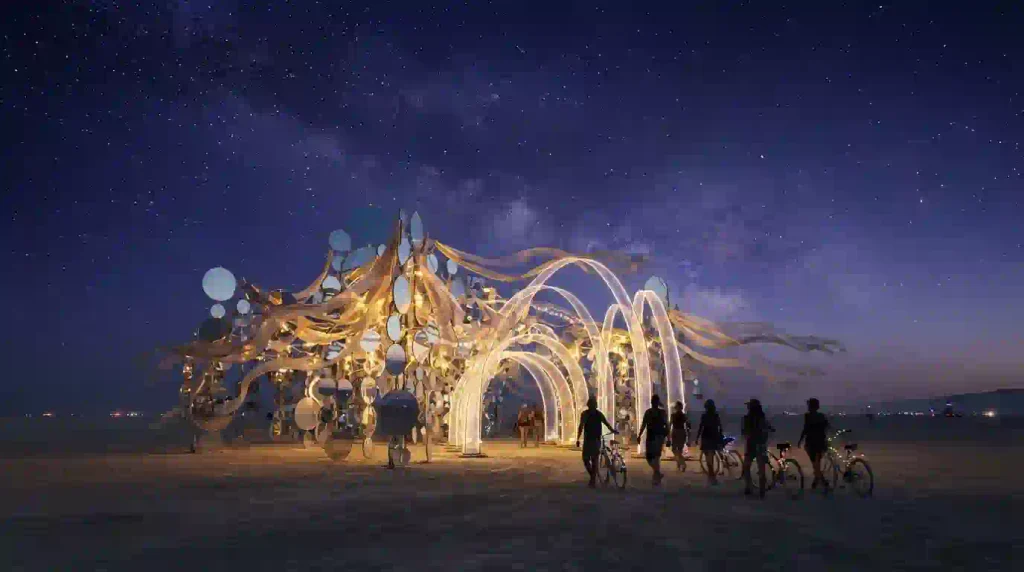 Burning Man Today: What Ends, What Continues & What Comes Next on September 29, 2026 9 Illuminated desert art installation beneath a starry sky representing Burning Man 2027 Spellbound