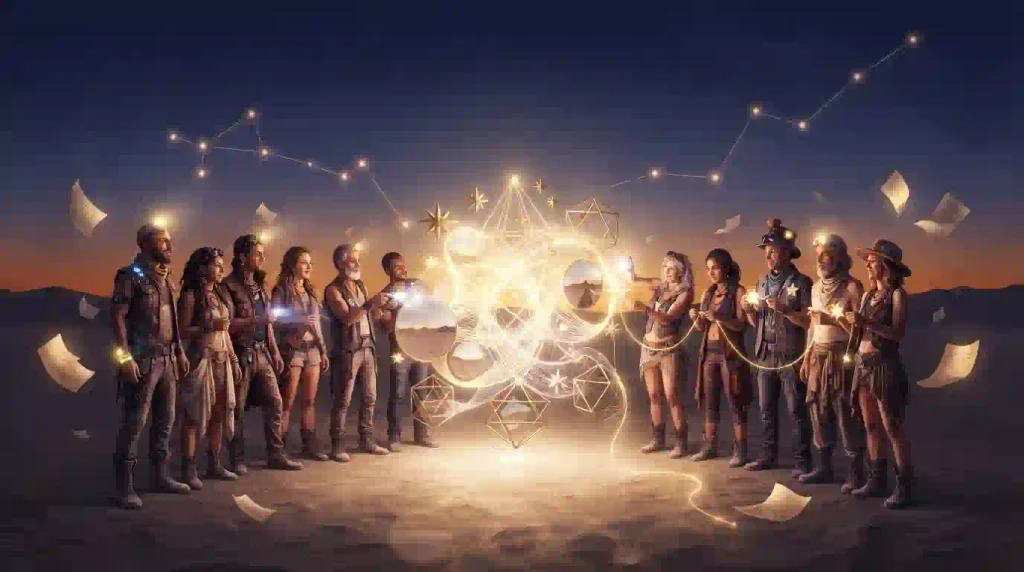 Editorial illustration of participants creating a glowing collaborative art sculpture in a twilight desert for the Spellbound theme.