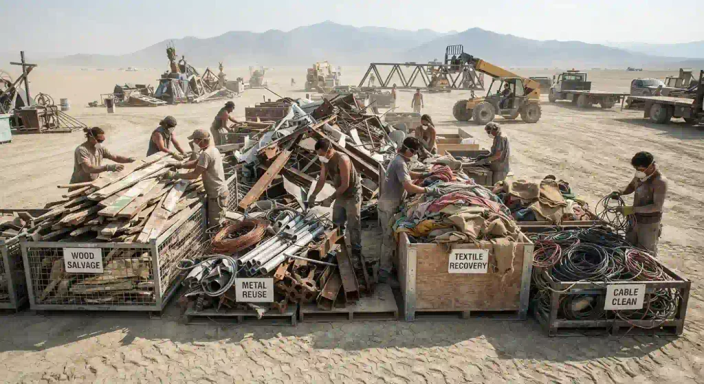 Burning Man art installation parts stored and prepared for reuse after the playa