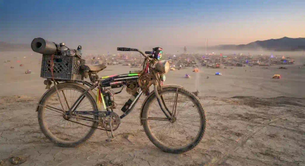 Bicycle transportation at Burning Man 2026 with a bike prepared for the playa