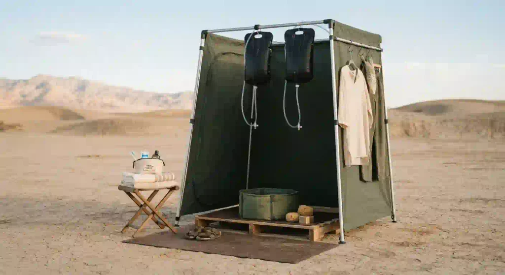  Burning Man camp hygiene area with solar shower, towels, toiletries, and water-saving cleaning supplies