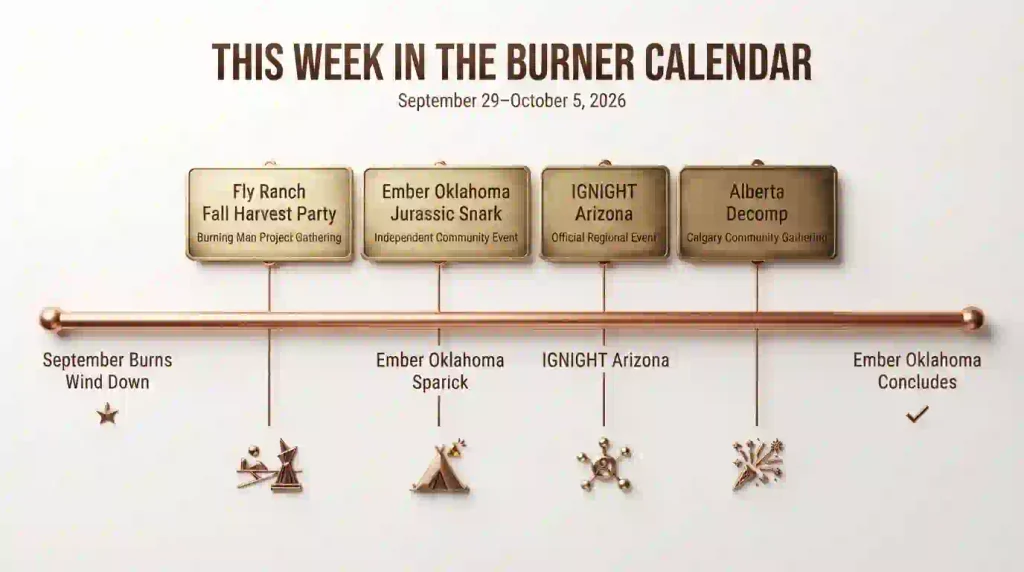 Timeline infographic showing Fly Ranch, Ember Oklahoma, IGNiGHT and Alberta Decomp dates from September 29 to October 5 2026