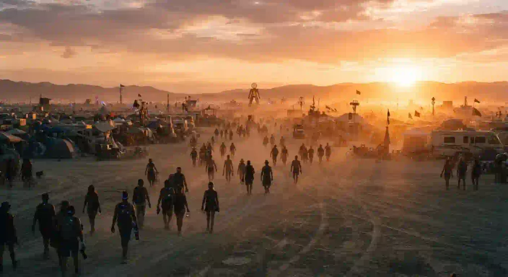 Sunrise over Black Rock City with people walking through the desert dust