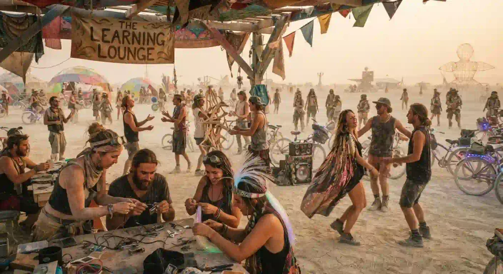 Burning Man participants joining a workshop, helping others, and taking part in camp activities on the playa