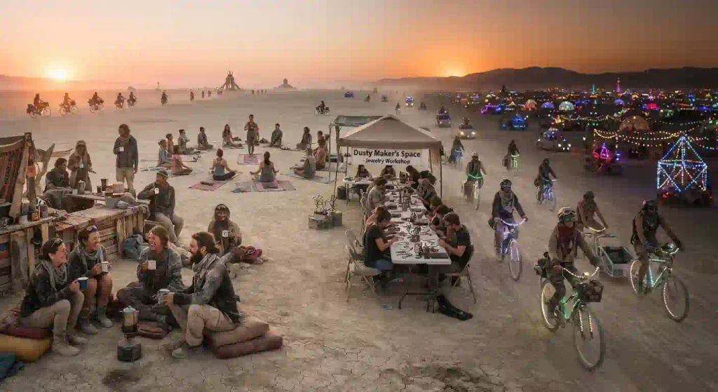 Community coffee camp at Burning Man with participants sharing breakfast and morning conversation