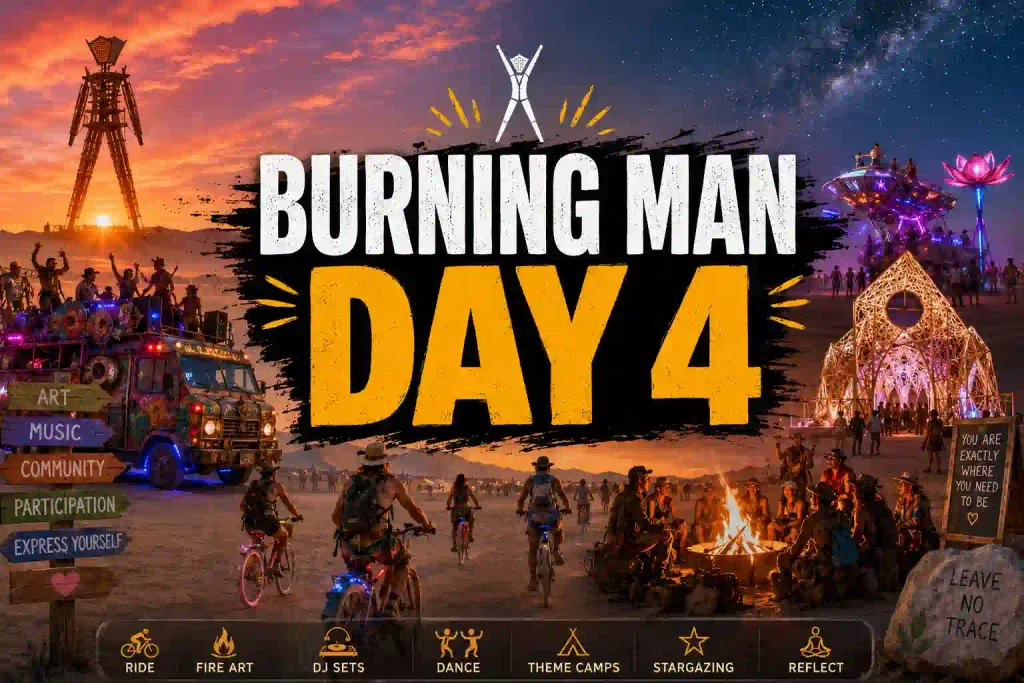 Burning Man 2026 Day 4 showing Black Rock City, illuminated art, mutant vehicles, bicycles, fire art and participants on the playa