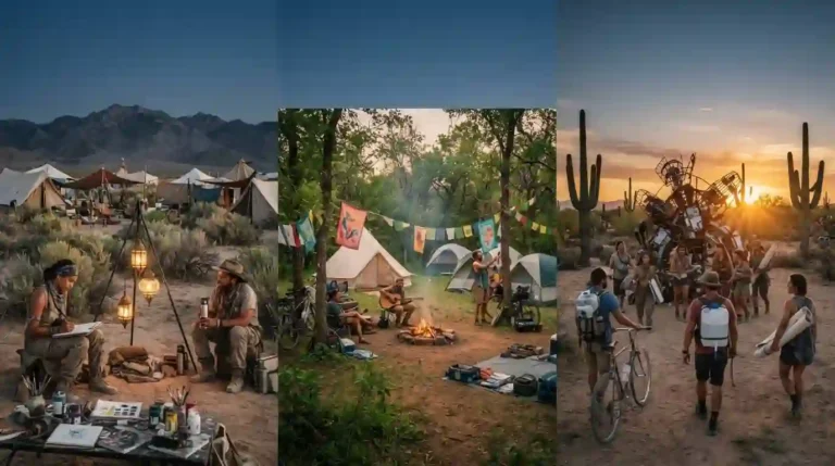 Three Burner community pathways represented by desert art, Oklahoma camp life and an Arizona gathering at sunset