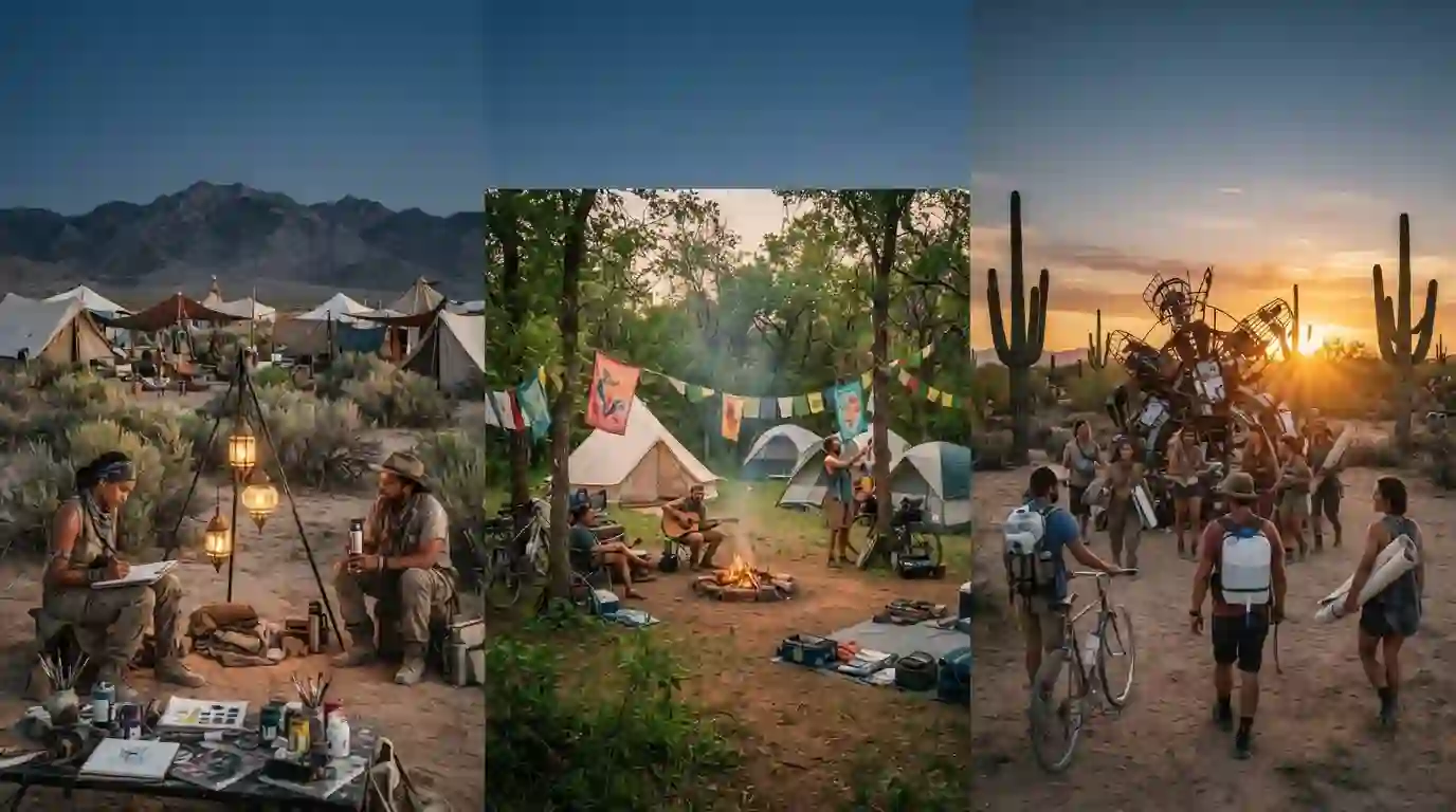 Three Burner community pathways represented by desert art, Oklahoma camp life and an Arizona gathering at sunset