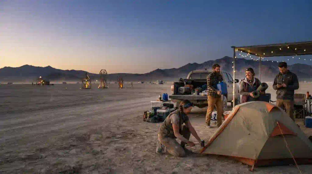 Sunset camp scene representing October Burner events, travel preparation, art and community in the western United States.