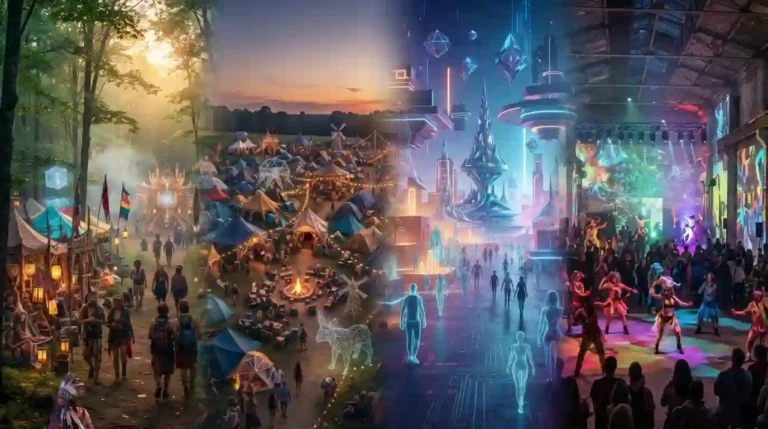 Illustration of four Burning Man community experiences: forest campout, Iowa campground, virtual world and Toronto art venue