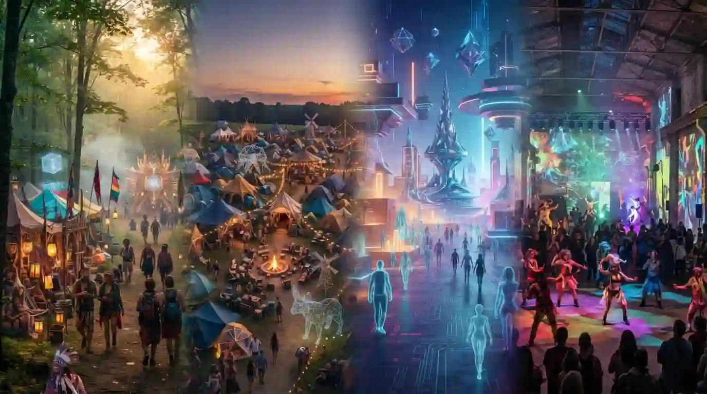 Illustration of four Burning Man community experiences: forest campout, Iowa campground, virtual world and Toronto art venue