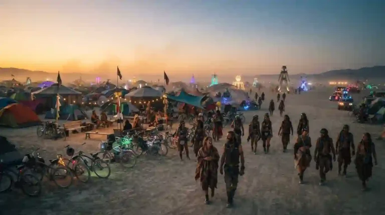 Burning Man community gathering with glowing art, bikes, and participants at sunset for the September 25–27 weekend events guide