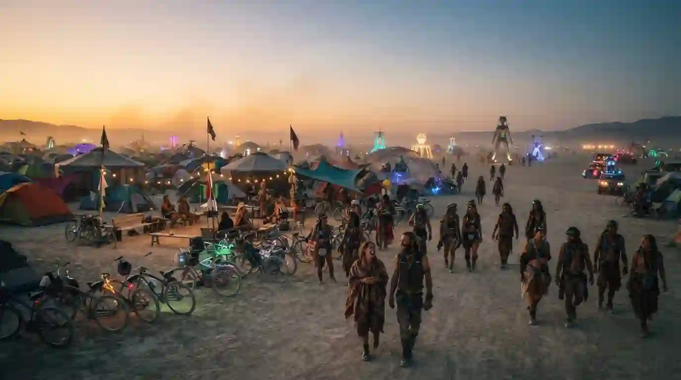 Burning Man community gathering with glowing art, bikes, and participants at sunset for the September 25–27 weekend events guide