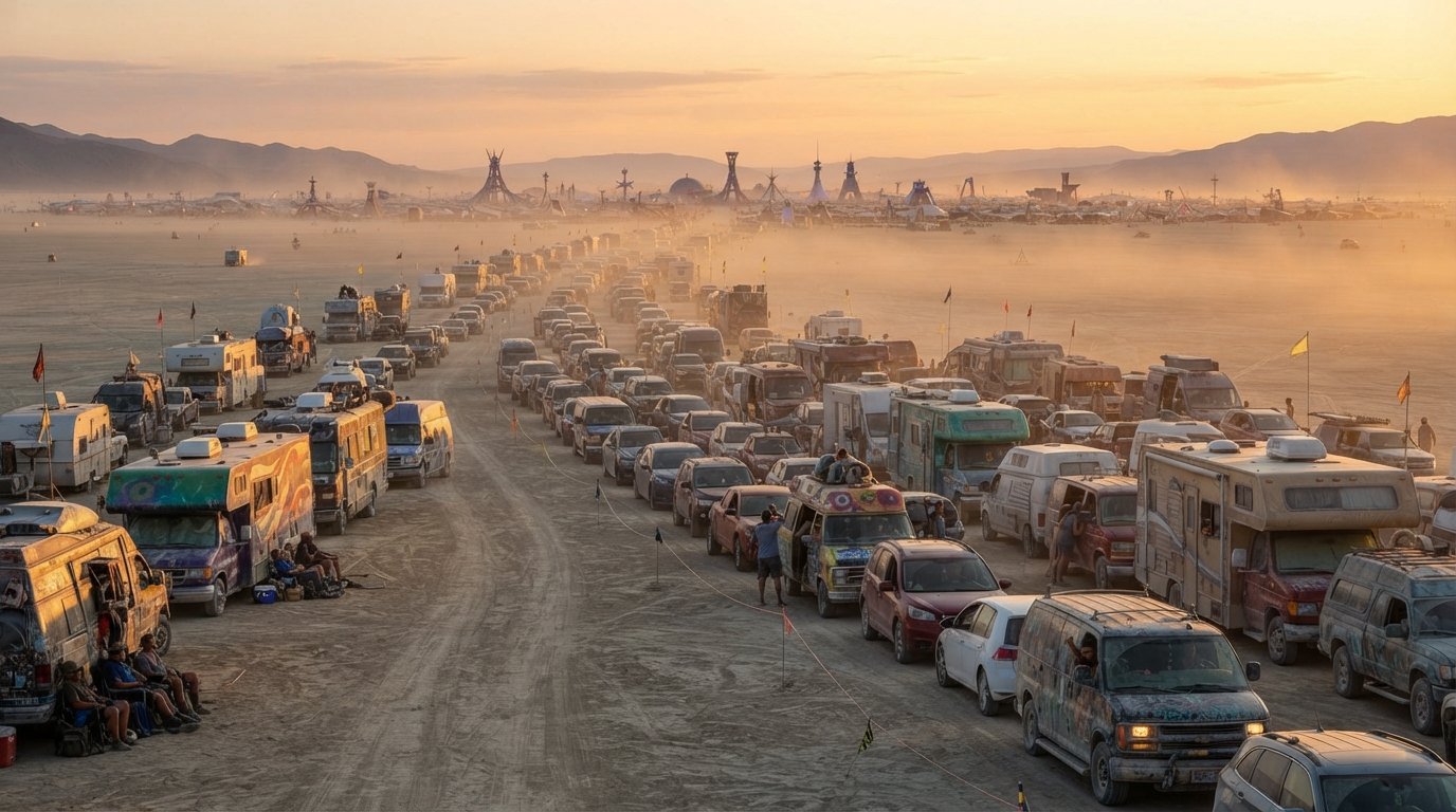 Burning Man 2026 Exodus traffic leaving Black Rock City