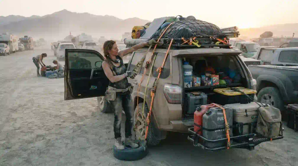 Burning Man participant secures vehicle loads before Exodus