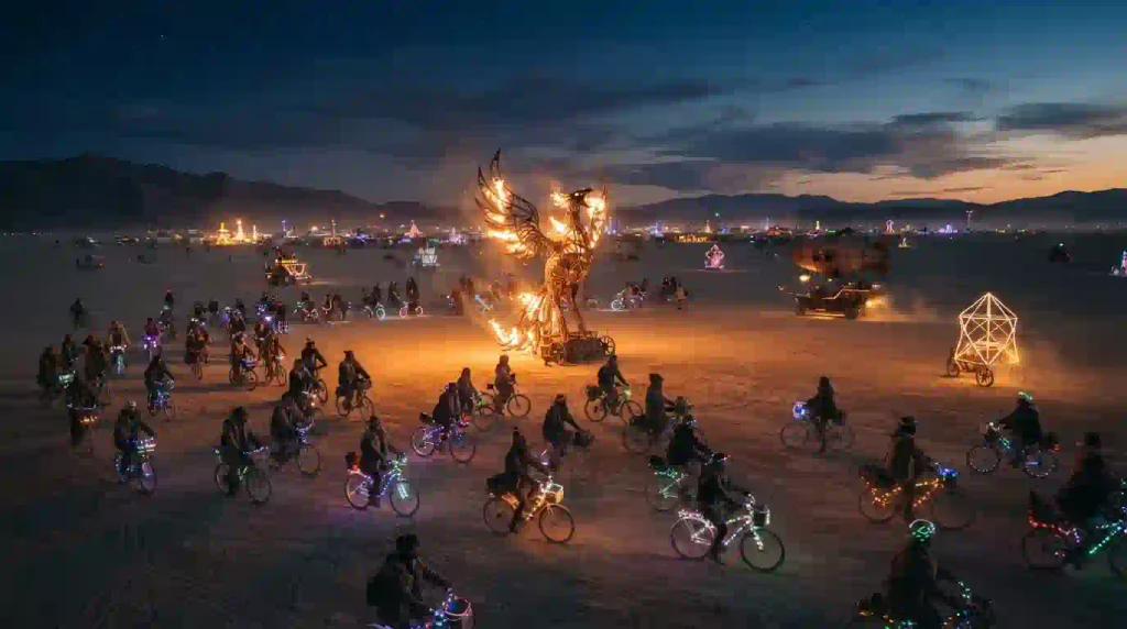 Fire art and illuminated mutant vehicles on the playa at Burning Man 2026