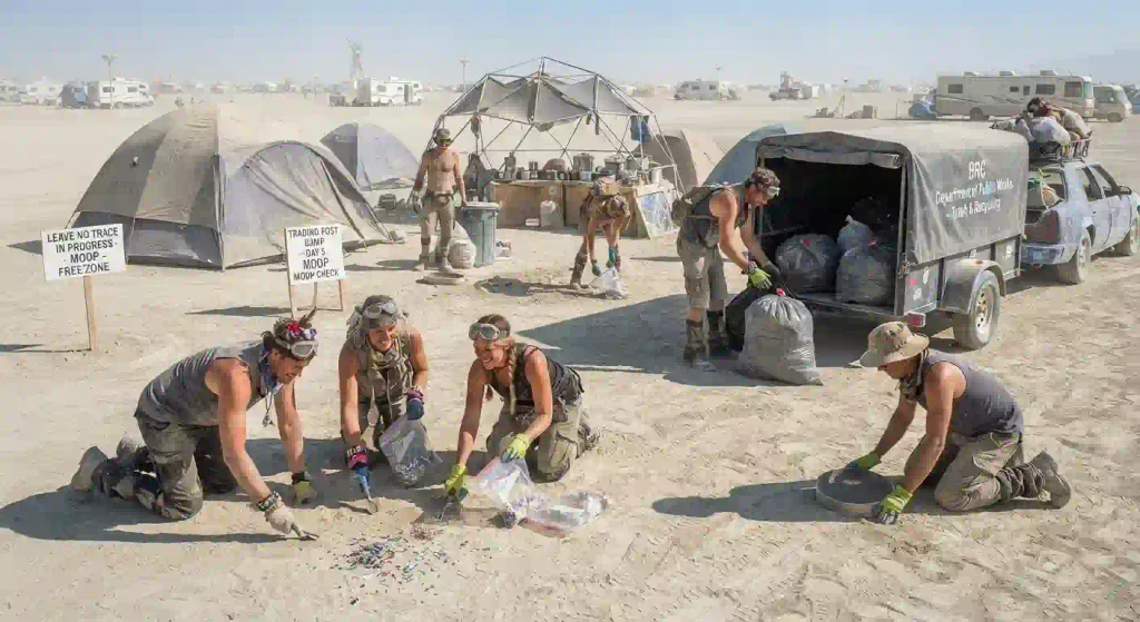 Burning Man Day 5 Leave No Trace scene showing campers cleaning up MOOP on the playa