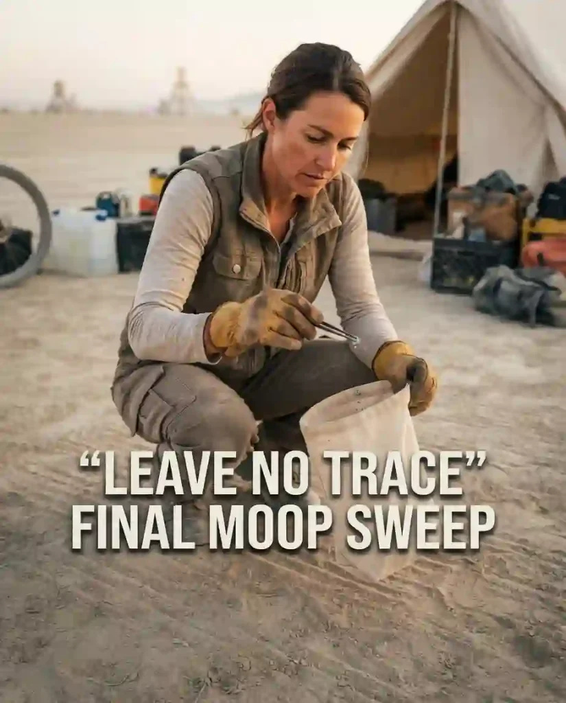 Burning Man Today: What Ends, What Continues & What Comes Next on September 29, 2026 3 Burner participant wearing gloves collects small pieces of MOOP during a campsite cleanup