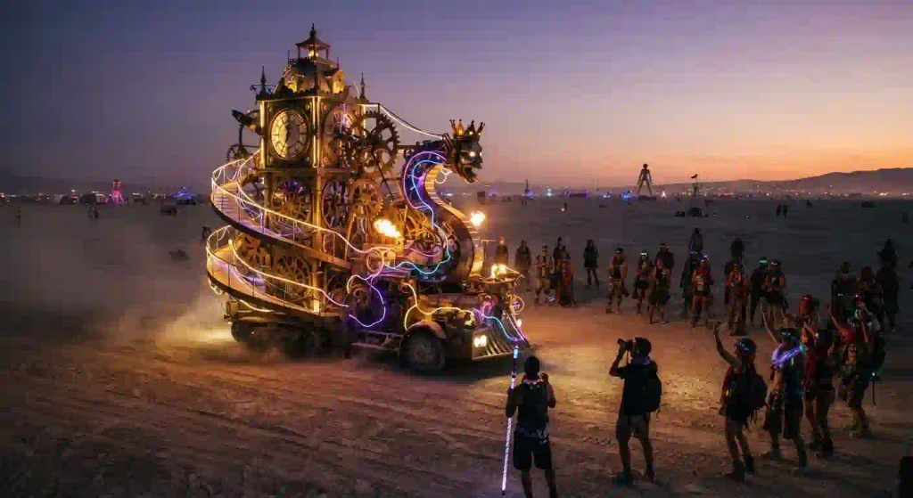 Burning Man Day 5 mutant vehicle moving through the playa with bright lights and creative design