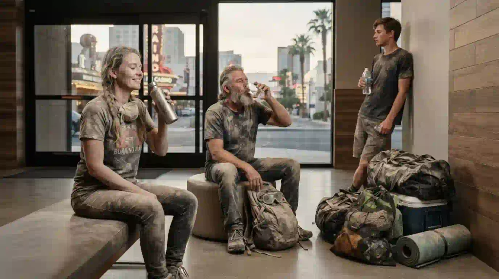 Exhausted Burners resting at Reno hotel after Burning Man 2026 Exodus, playa dust on vehicles in parking lot